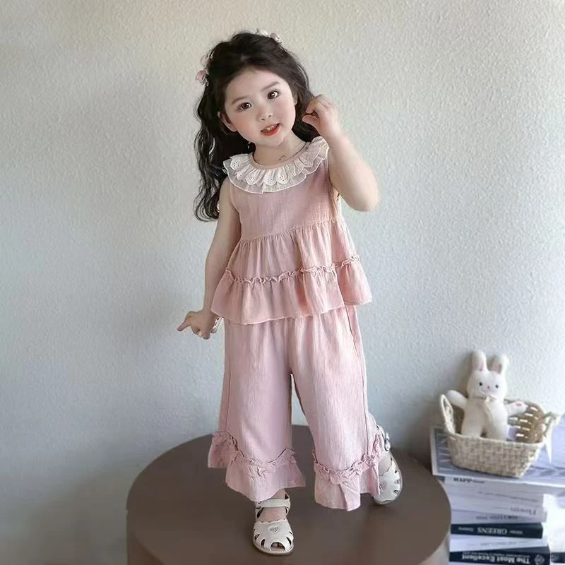 纯色韩版薄款夏季套头休闲女套装夏款夏装无袖甜美蕾丝A-34