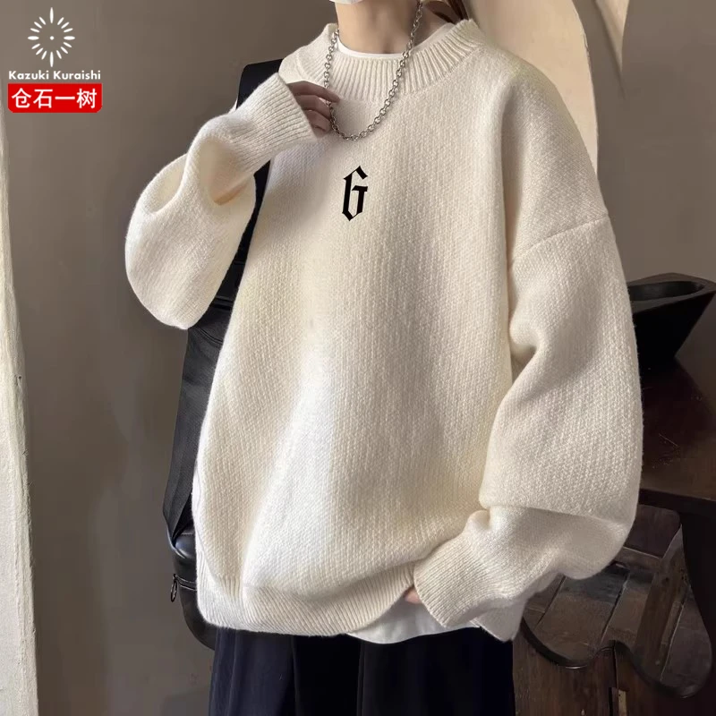 仓石一树潮流复古慵懒风半高领毛衣男士秋冬季宽松百搭字母针织衫