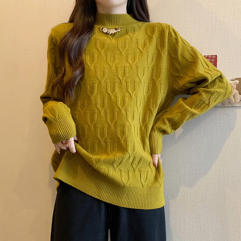 8466大码女装2024秋冬新款时尚百搭针织衫胖MM宽松显瘦中领毛衣女