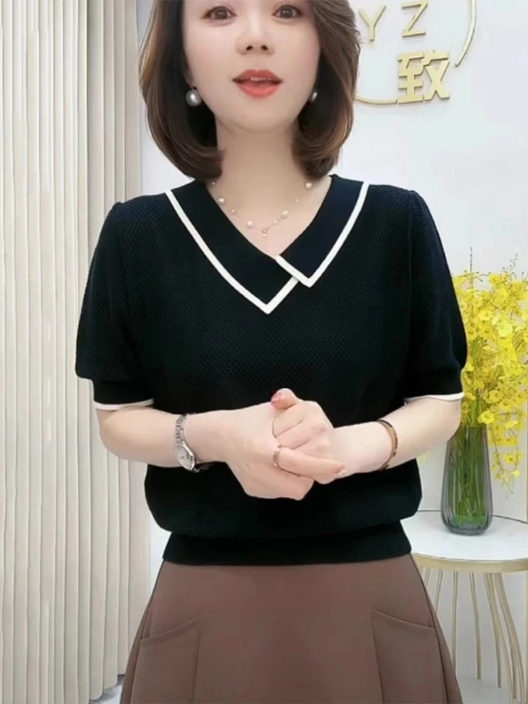 冰丝短袖t恤女夏季薄款针织小衫洋气撞色遮肚子v领针织上衣