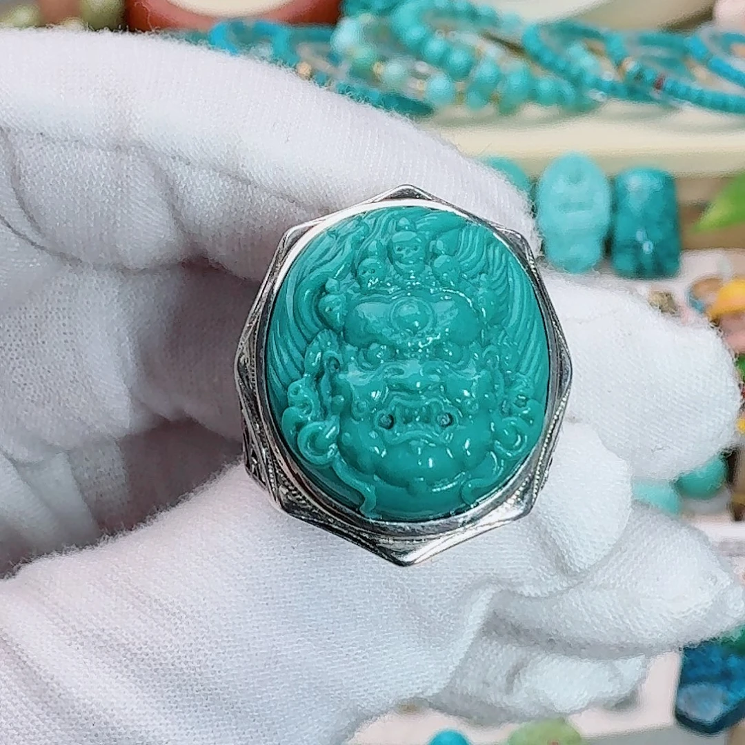 绿松石银S925镶嵌珠宝奇石精工玉化大黑天戒指