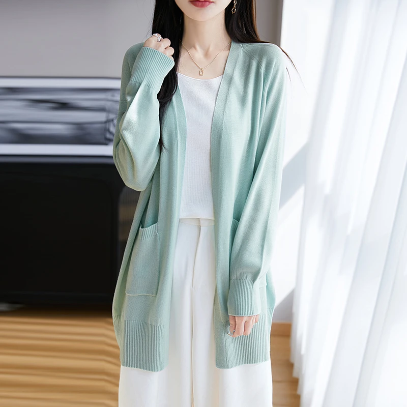 中长款开衫女士精纺羊毛桑蚕丝莱赛尔天丝百搭薄款外套针织防晒衫