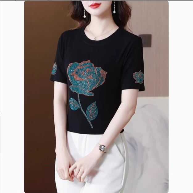 【夏季新款】蓝色妖姬 修身打底衫女装欧货重工烫钻短袖T恤洋气上衣