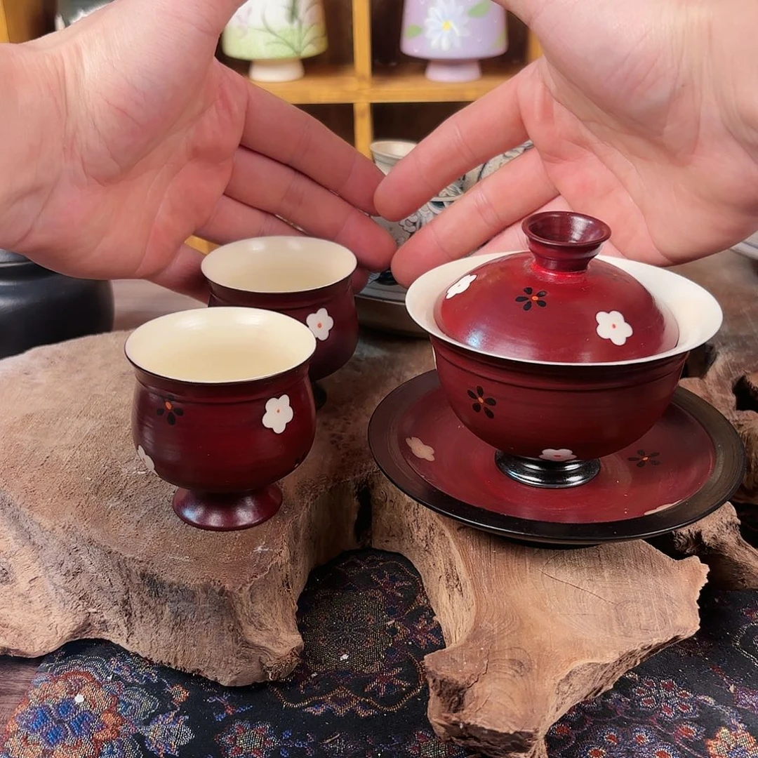 手绘全彩山楂红，粉引系列