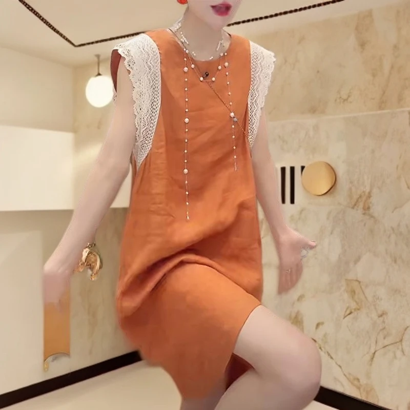 高级感蕾丝拼接无袖背心连衣裙女2025夏季新款法式减龄中长款裙子