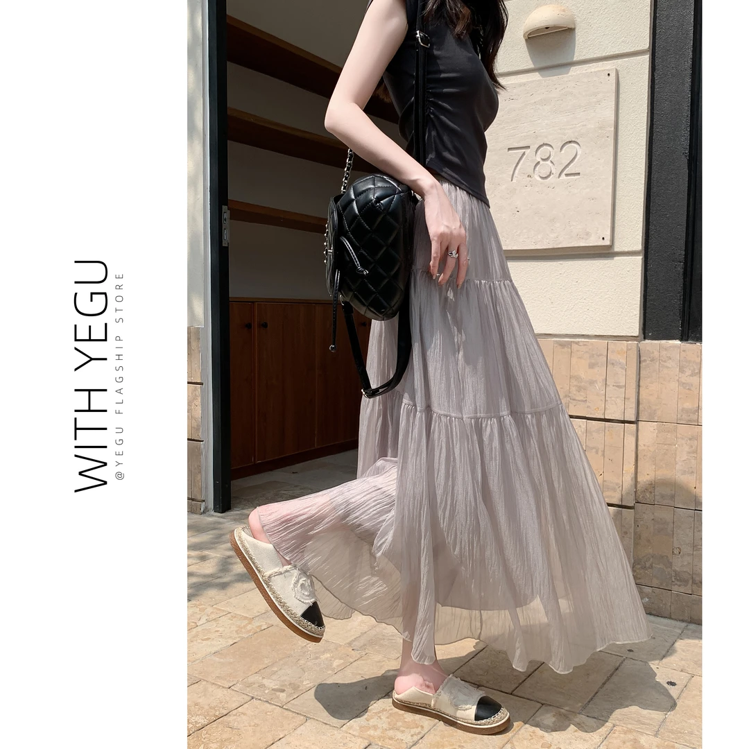 温柔风网纱拼接蛋糕裙女夏季薄款松紧腰肌理感大摆裙中长款半身裙