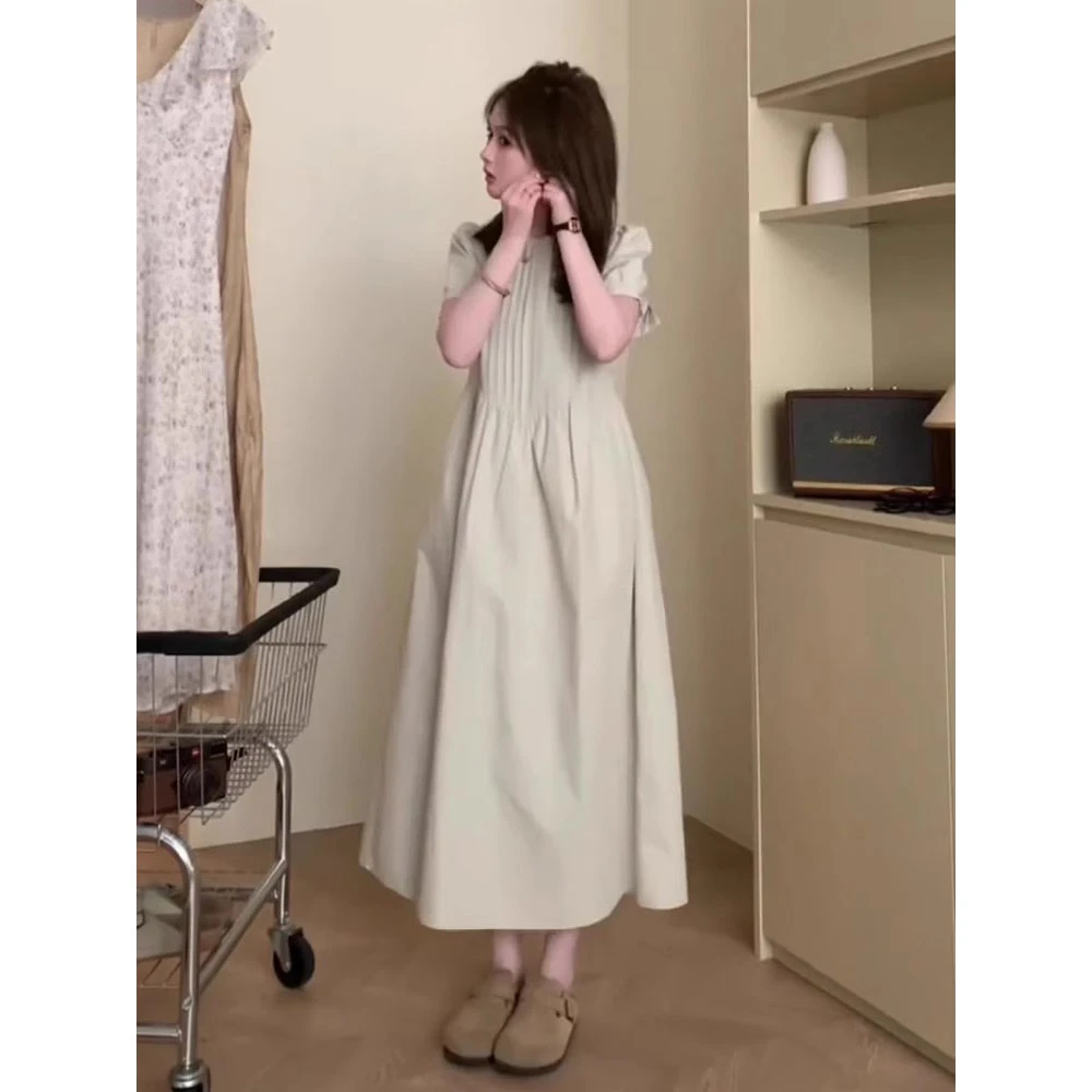 法式连衣裙短袖圆领气质长裙2025夏季新款小个子宽松遮肚显瘦韩版