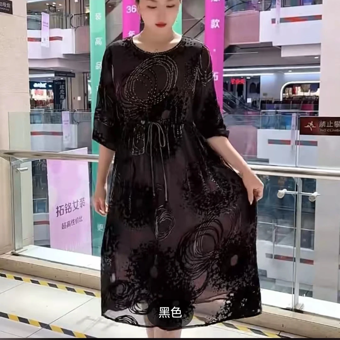 桑蚕丝植绒夏季连衣裙气质妈妈款收腰显瘦复古提花中年裙子
