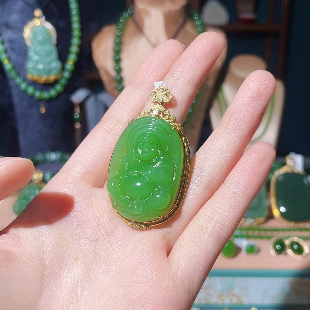 和田玉（碧玉）18K金镶嵌吊坠(不含链)