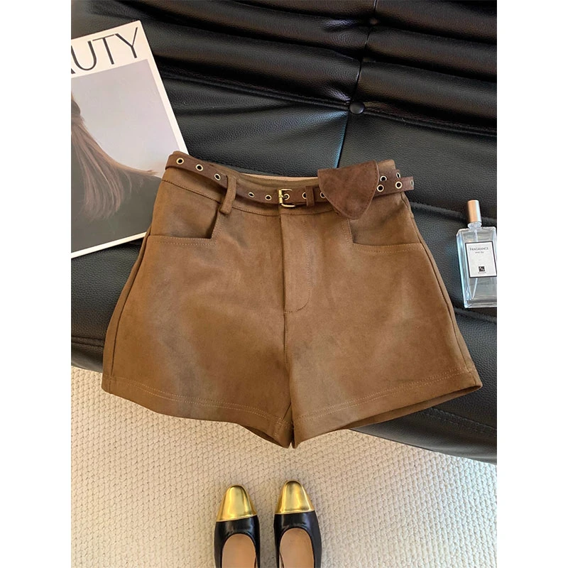 运补美拉德咖色麂皮绒短裤女秋款高腰直筒阔腿裤辣妹包臀裤配腰带