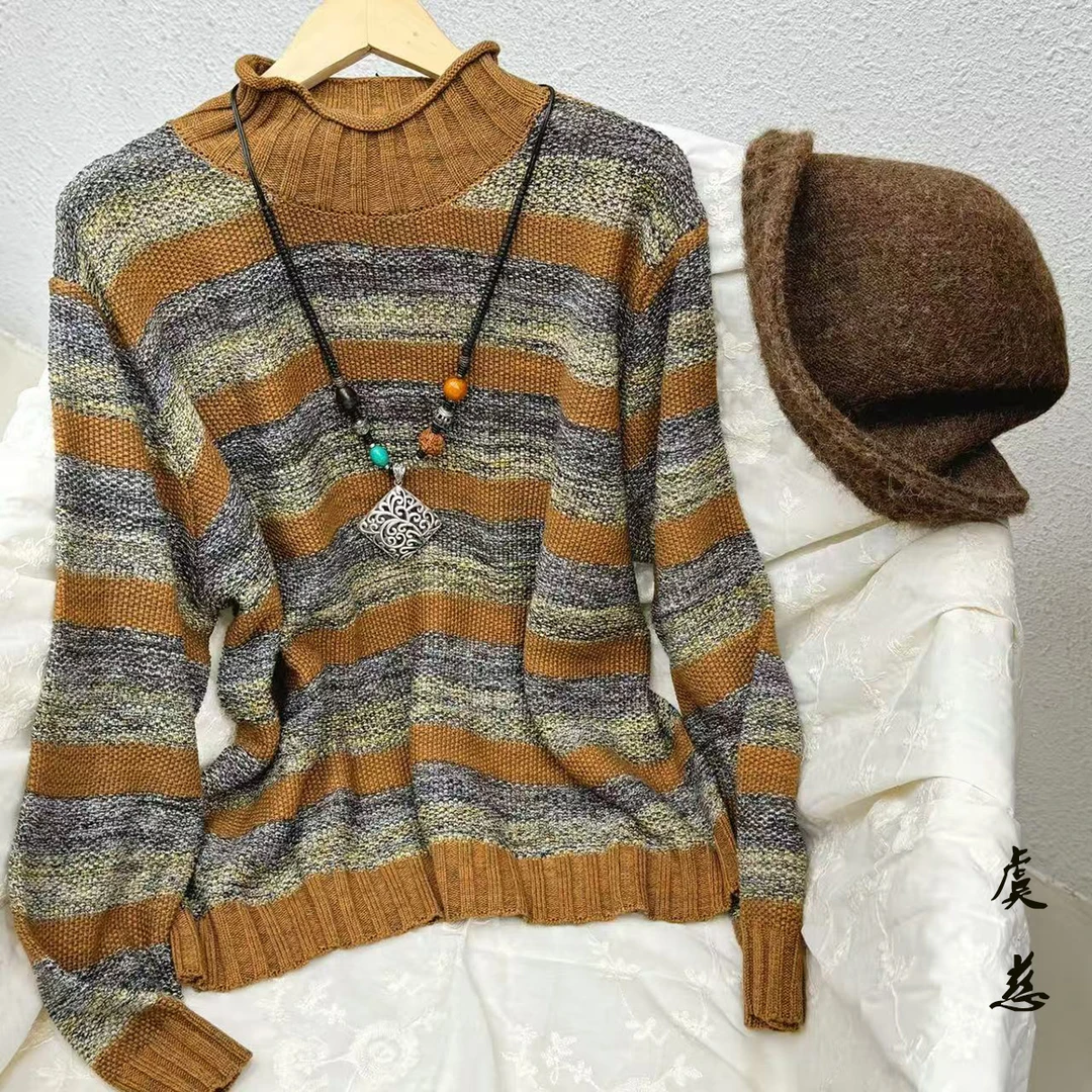 【虞慈】MY096女冬季针织长袖条纹拼色秋冬毛针织衫时尚套头衫毛衣