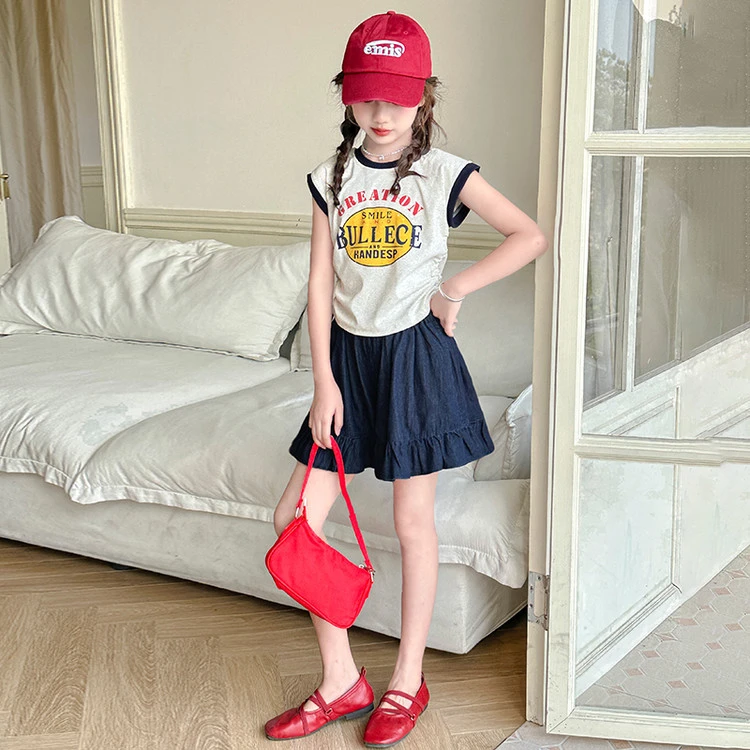 女童韩版字母印花儿童夏季无袖女孩牛仔裙裤套装2025中大童5-15岁