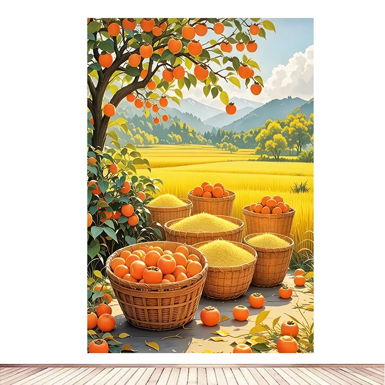 柿柿如意自粘画事事如意画芯金色麦田丰收图餐厅挂画中式玄关贴画