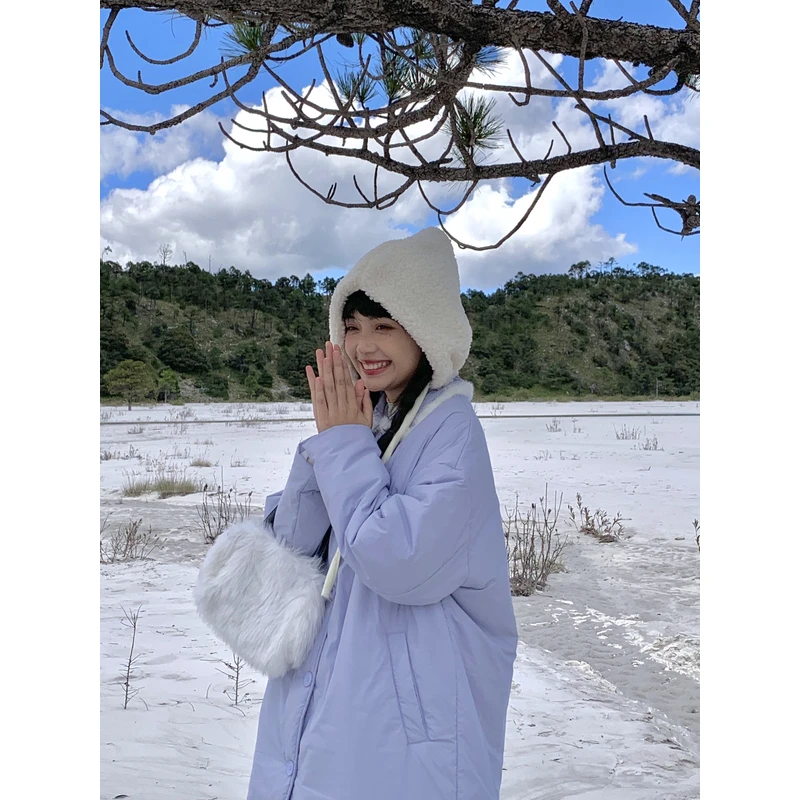 霍里德地图【清仓】冬季蓝色中长款棉服宽松毛毛领棉衣棉袄女