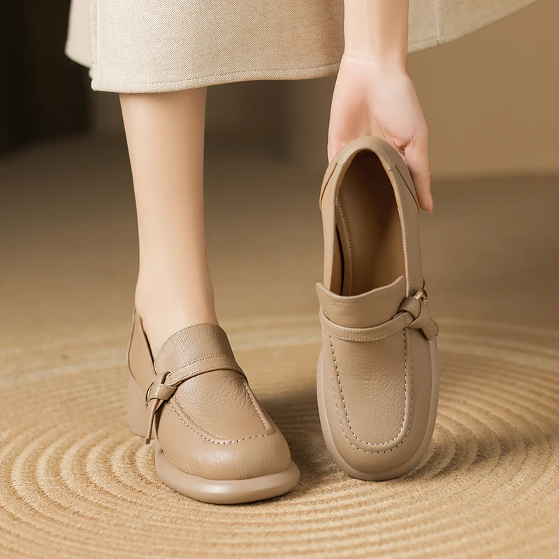 羊皮/5cm/春秋舒适百搭真皮软底复古粗跟圆头厚底妈妈鞋休闲单鞋