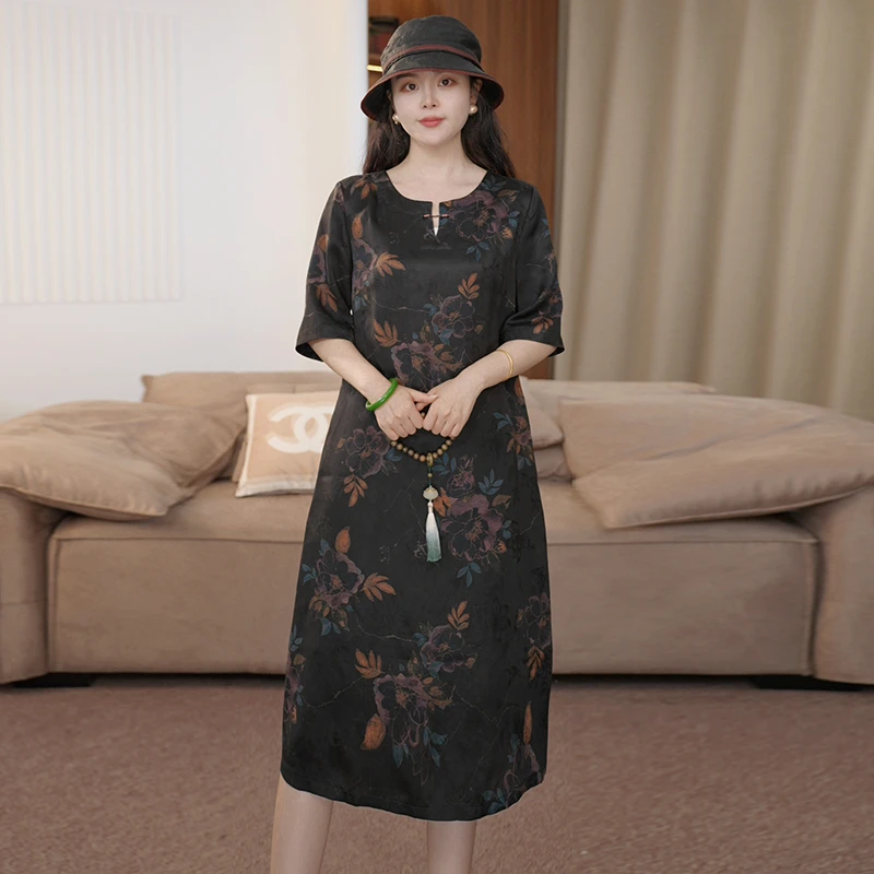 2025夏季时尚浪漫大牌杭州香云纱真丝连衣裙女气质妈妈桑蚕丝裙子