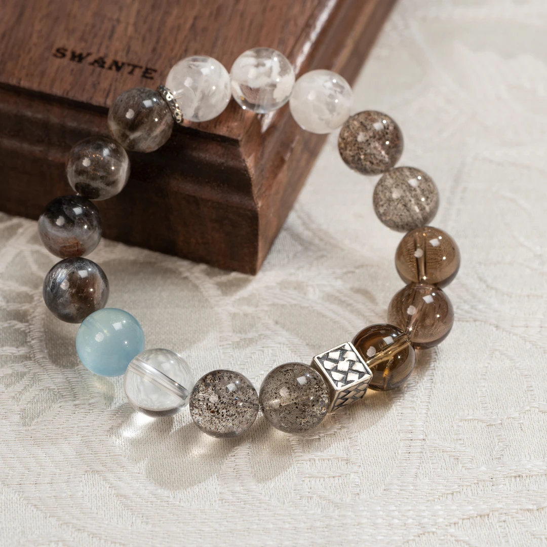 【观沧海】天然AA白水晶海蓝宝黑草莓雪花幽灵925银饰（多样性发一）