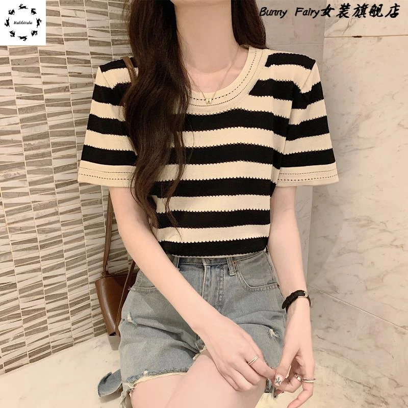 美式复古条纹正肩镂空短袖t恤女夏季宽松显瘦冰丝针织衫体恤上衣