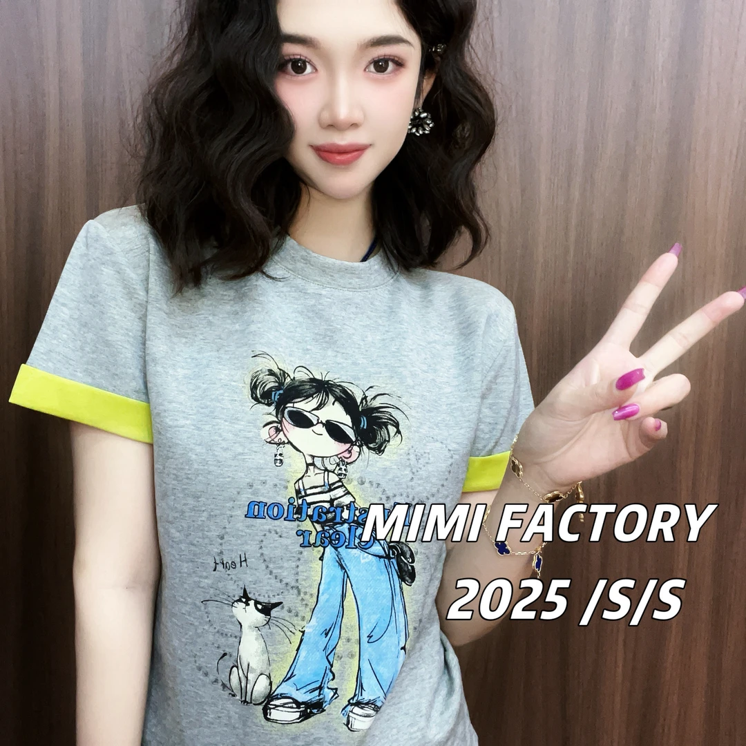 芈芈 2025新款短袖 墨镜女孩双色面料短袖T恤女修身显瘦上衣2795#