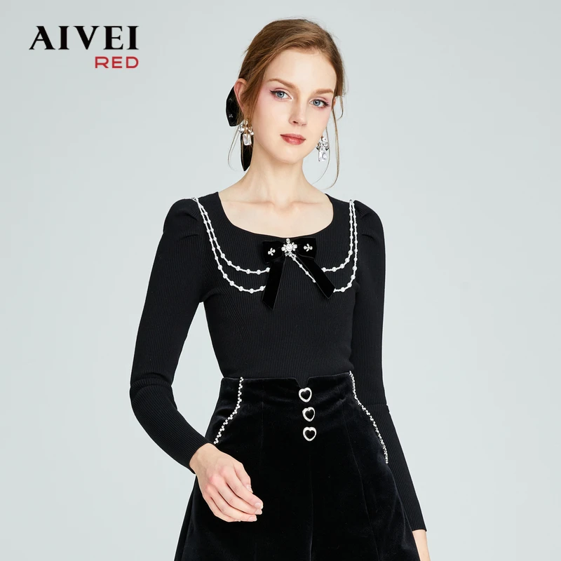 AIVEI艾薇珠链纯色秋季针织上衣气质复古P0560006