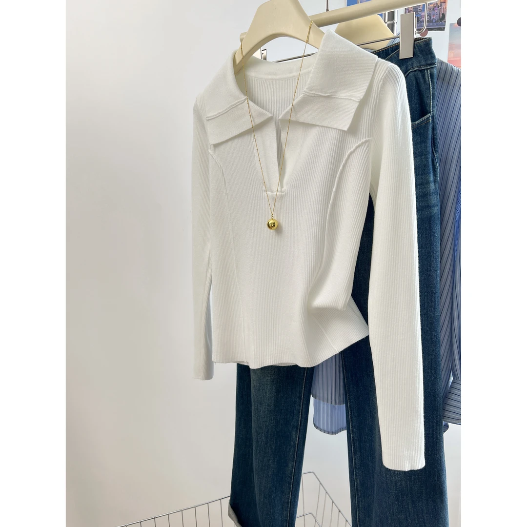 法式气质V翻领套头针织衫女秋冬2025新款通勤修身时尚长袖上衣潮