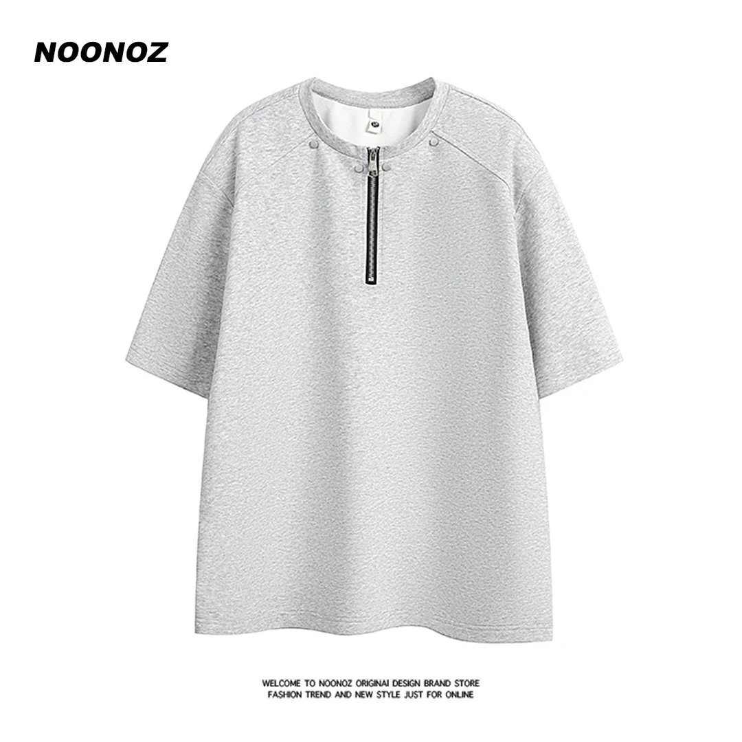 NOONOZ短袖男欧美高街半拉链铆钉T恤夏季美式半袖设计感潮牌半袖