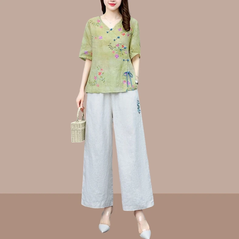盘扣苎麻阔腿裤套装女夏季2025新款时尚休闲民族风妈妈棉麻两件套