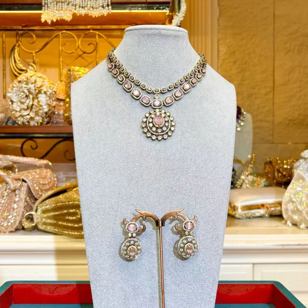 铜合金玻璃项链 【G2231】印度印巴项链套装手工气质轻奢时尚金色