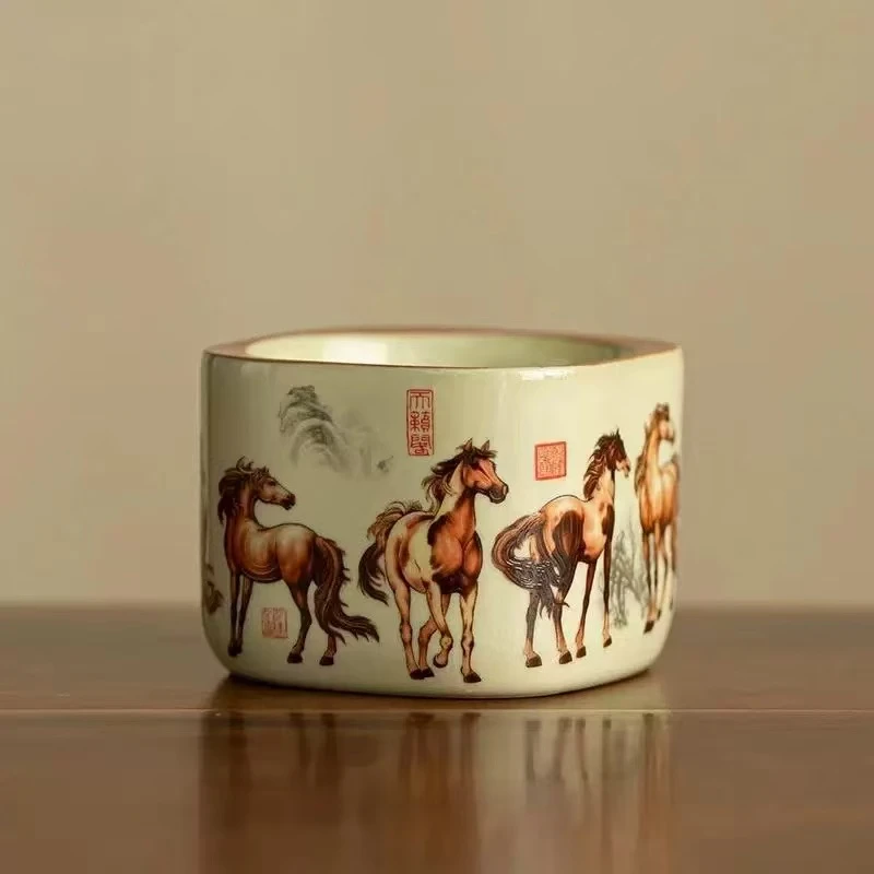 瓷韵优品 复古陶瓷八骏图四方主人杯茶杯品茗杯-5178（直播专享）