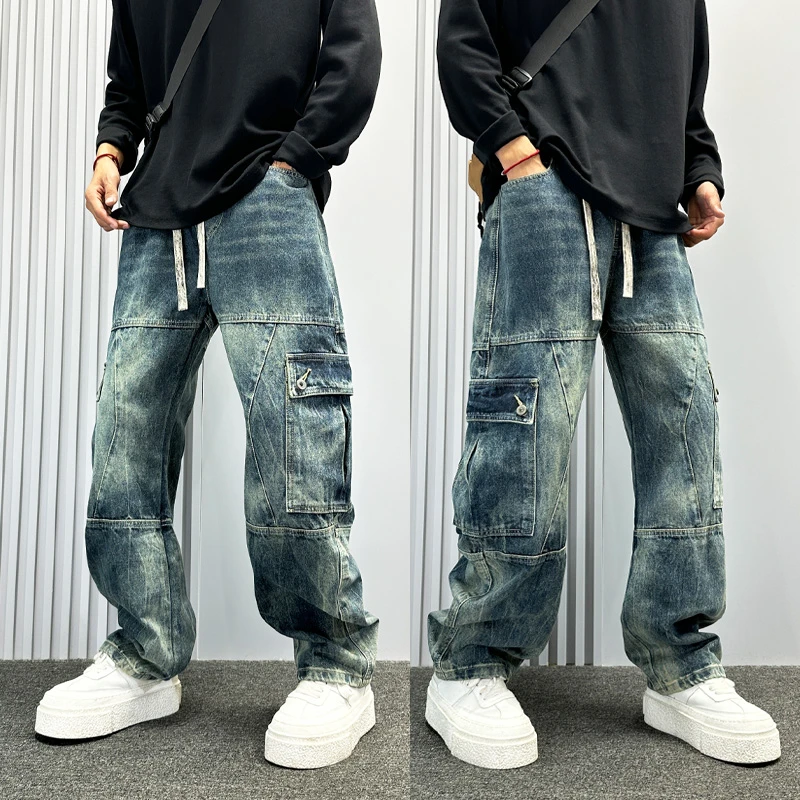 美式高街复古圆月弯刀牛仔裤男2025秋冬新款宽松直筒口袋工装裤子