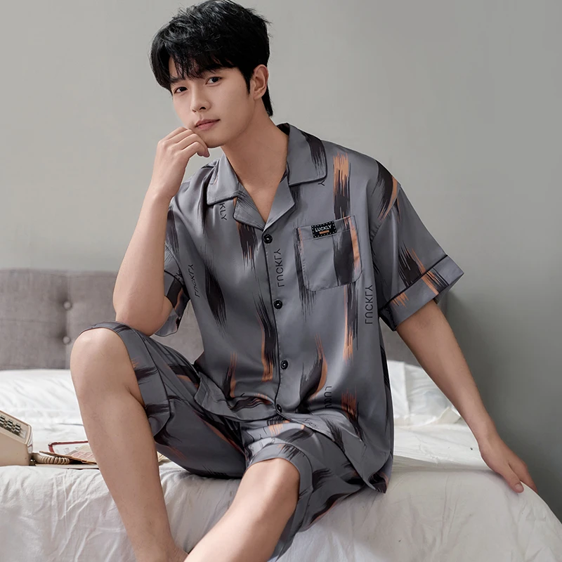 男款睡衣冰丝夏季短袖短裤两件套夏天男士冰凉丝绸开衫家居服套装