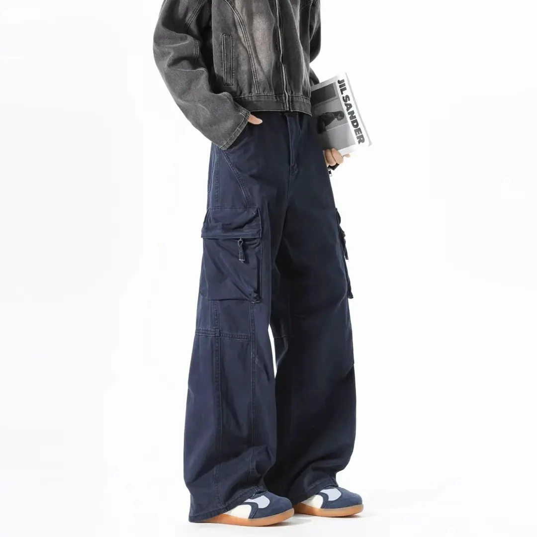 复古vintage立体口袋宽松直筒工装裤男女秋冬季法工蓝加厚休闲裤