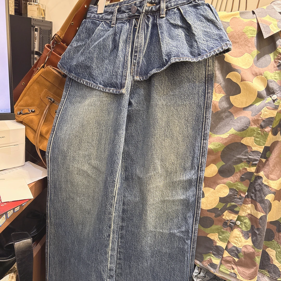 秋季新款荷叶边设计感阔腿牛仔直筒背带长裤