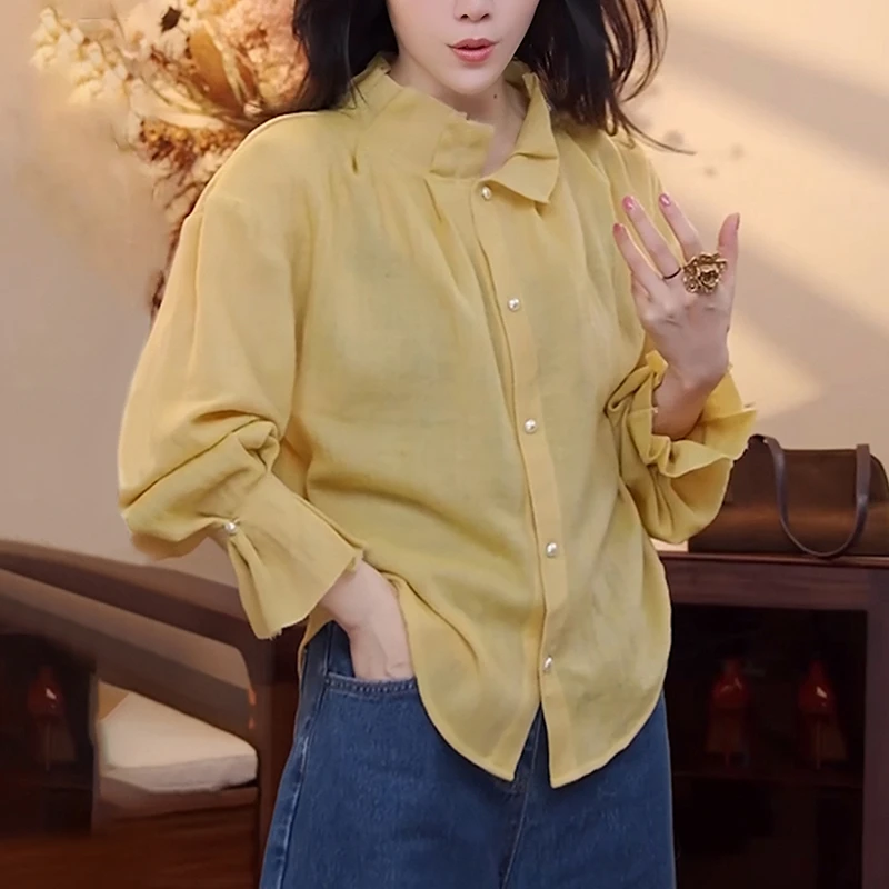 2025秋季新款女法式黄色衬衫高级感气质减龄宽松显瘦花边立领上衣