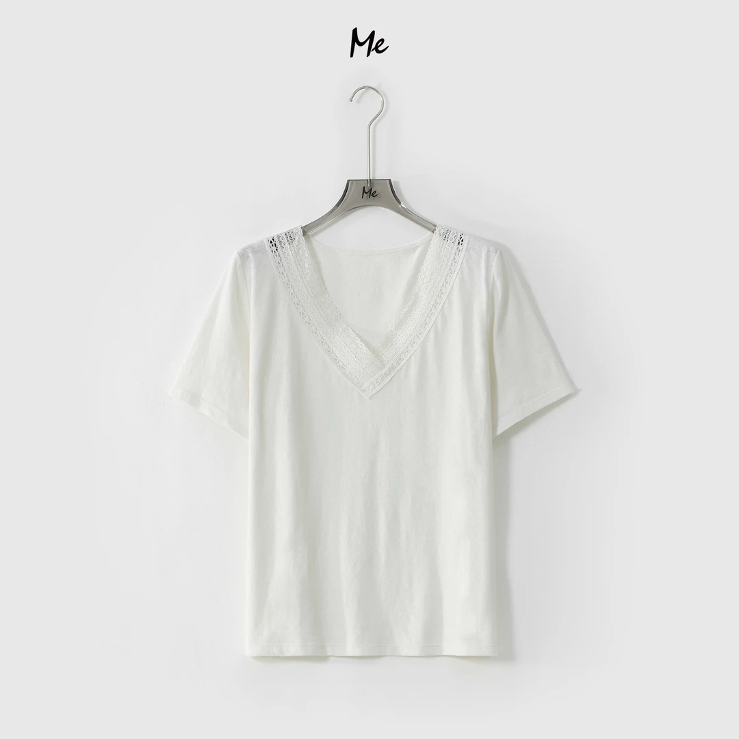 ME【V领蕾丝T】亚麻混纺刺绣蕾丝透气显瘦时尚百搭短袖T恤MESS5576