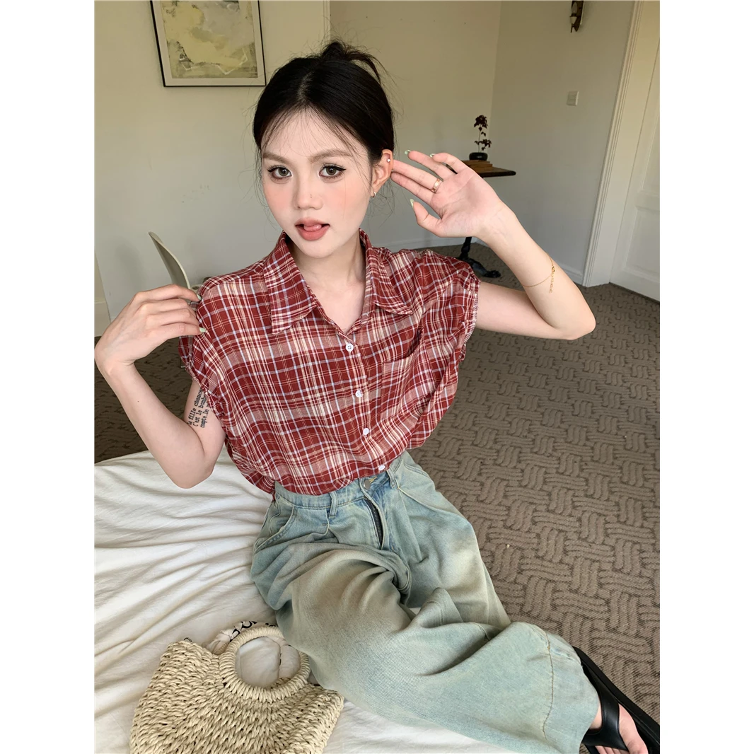 短袖复古格子衬衫女夏季新款别致小飞袖衬衣宽松休闲法式正肩短袖