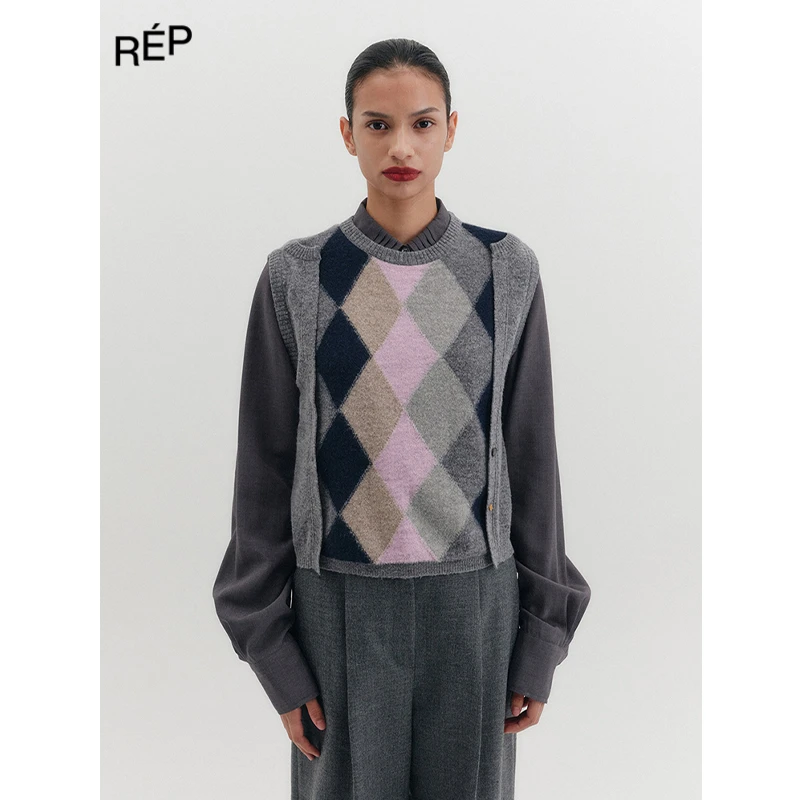 REP-EENK设计师品牌灰拼菱格纹针织背心 25FW秋冬女装新品