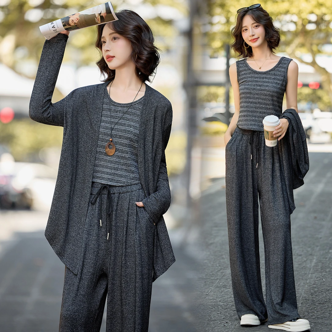 法式休闲风时尚三件套装2025秋季新款阔腿裤港风女时髦小姨风高街