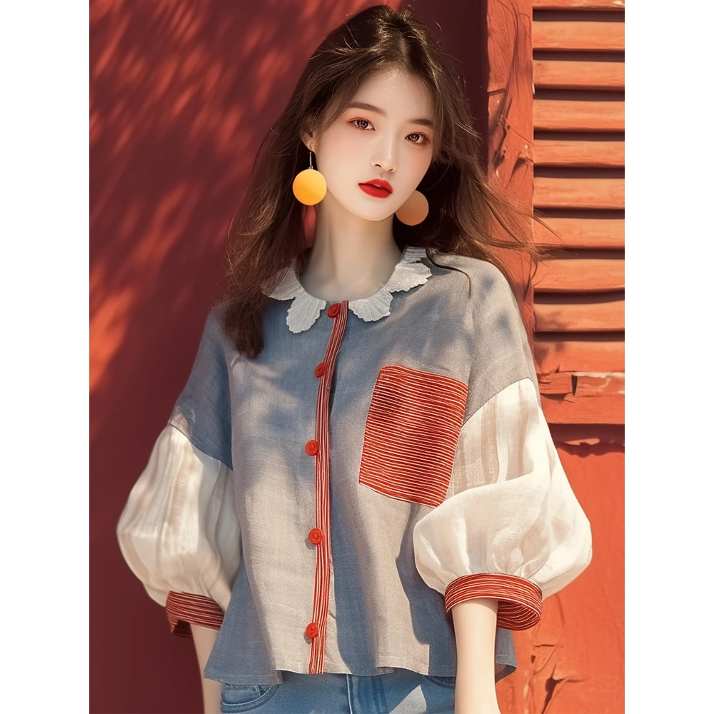 2025春季新款衬衫爆款小众别致高级感韩系减龄蓝色灯笼袖长袖上衣