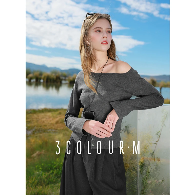 【可可专属】三彩2025春季新款斜领针织衫设计感收腰纽扣毛衫dbx