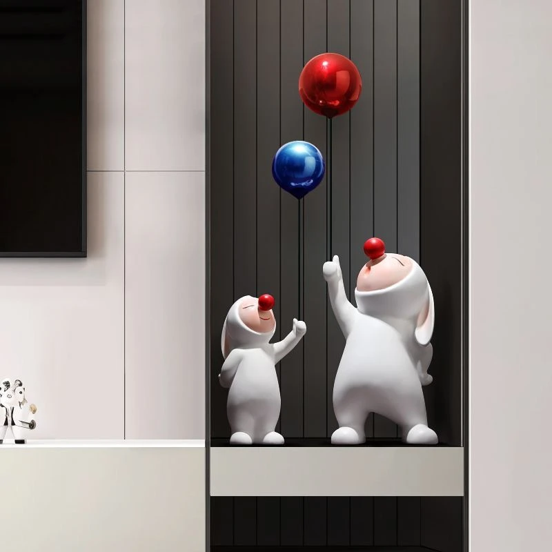 创意气球兔子红鼻子摆件客厅玄关家居装饰品简约现代欧式风格树脂