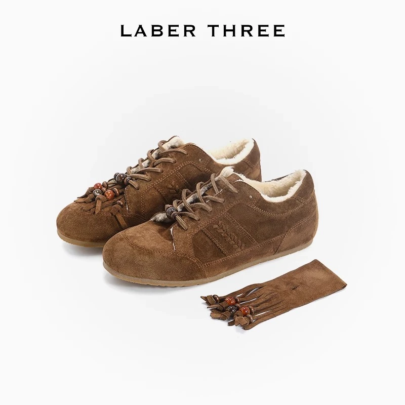 LABERTHREE 超软miu系风圆头复古阿甘流苏串珠保暖毛毛德训鞋