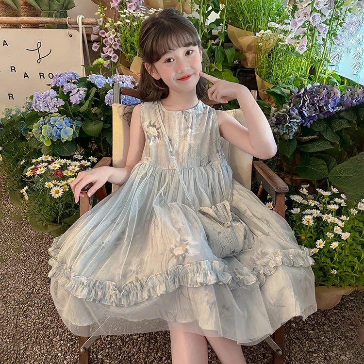 女童夏装连衣裙2025新款洋气儿童夏季网纱公主裙女孩花边背心裙子