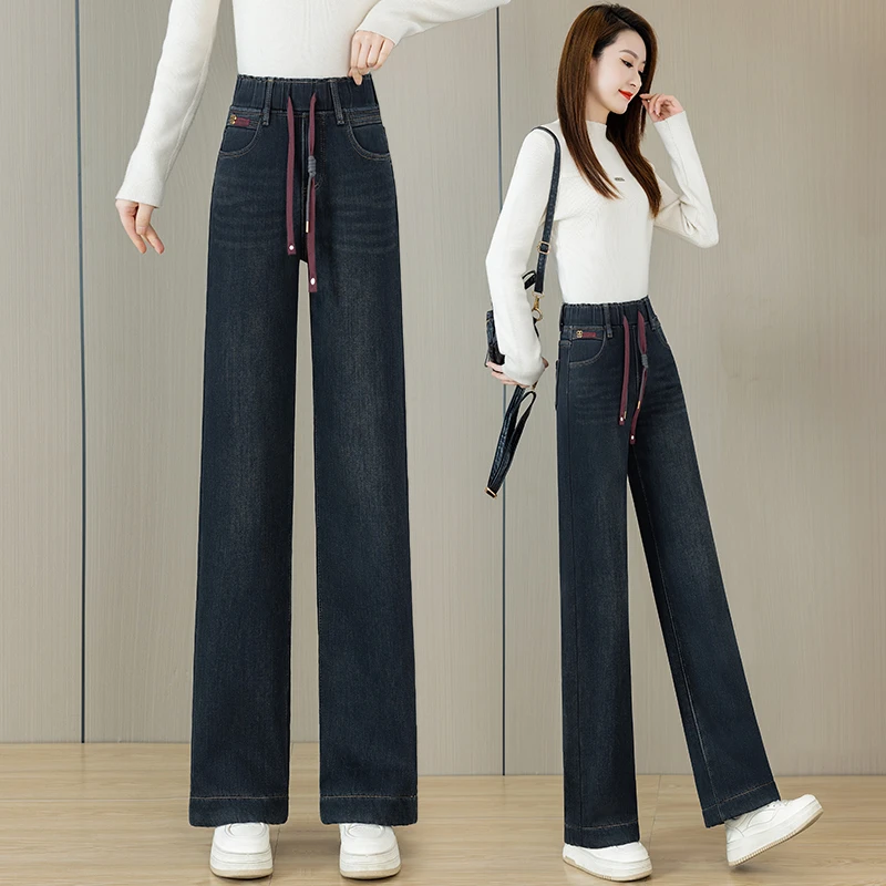 2025新款宽松窄版直筒牛仔裤女款爆款高腰小个子显瘦妈妈松紧裤子