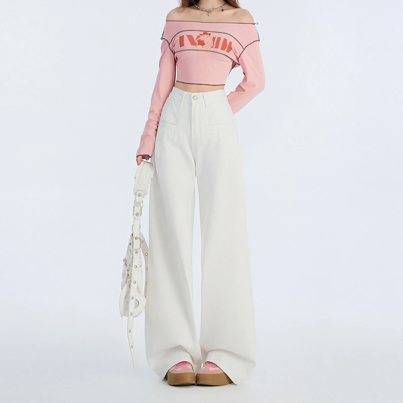 拉夏贝尔高腰阔腿牛仔裤女秋季2025新款网红爆款气质通勤白色裤子