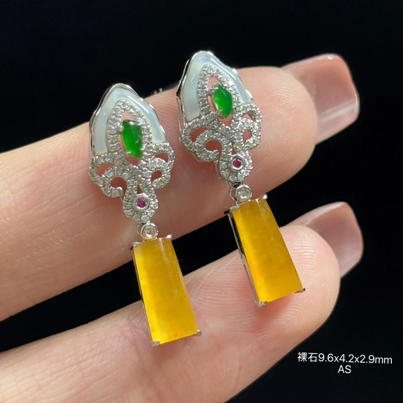 18K金镶嵌缅甸天然翡翠A货冰黄翡无事柱耳饰AS (下单咨询客服）