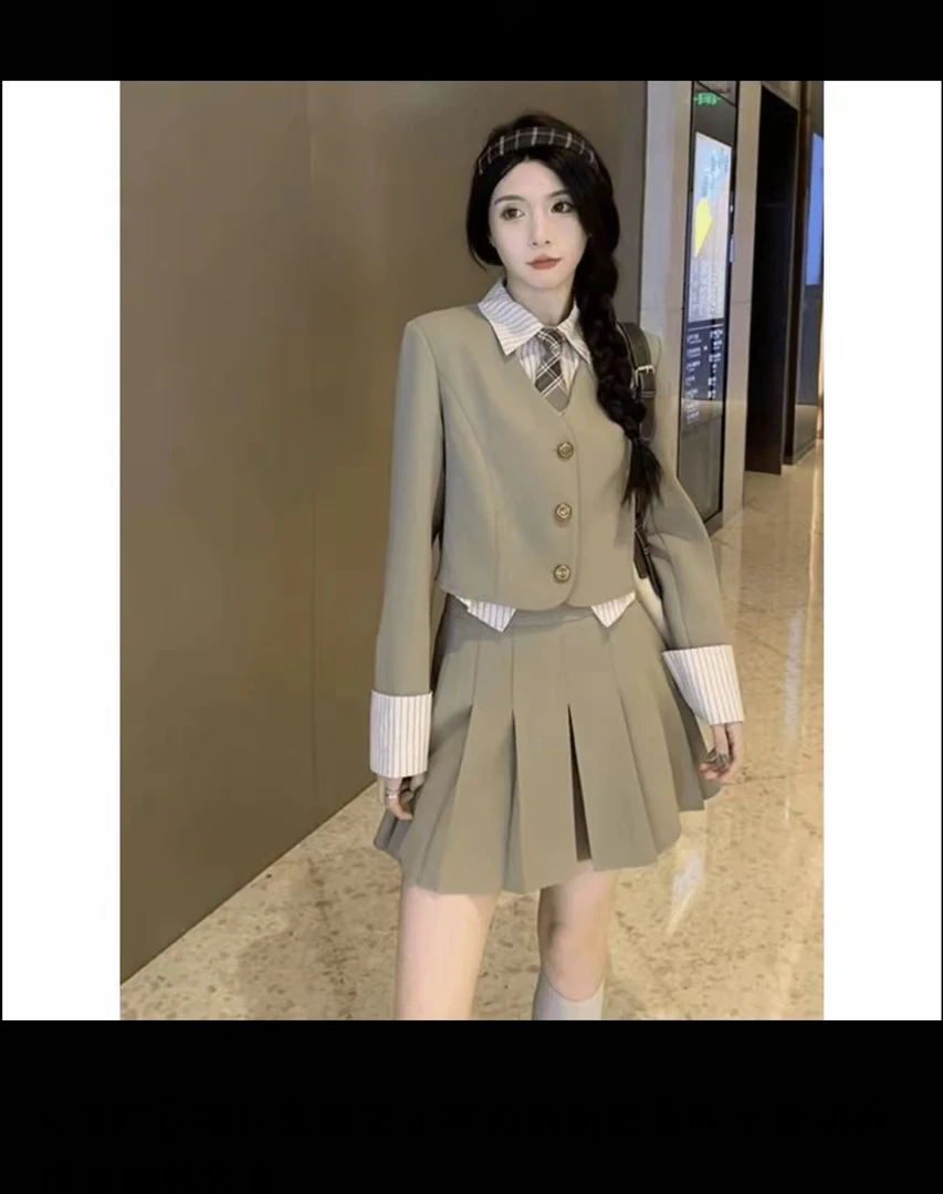 学院百褶秋季套装长裙短款新款两件半身裙两件套西装外套