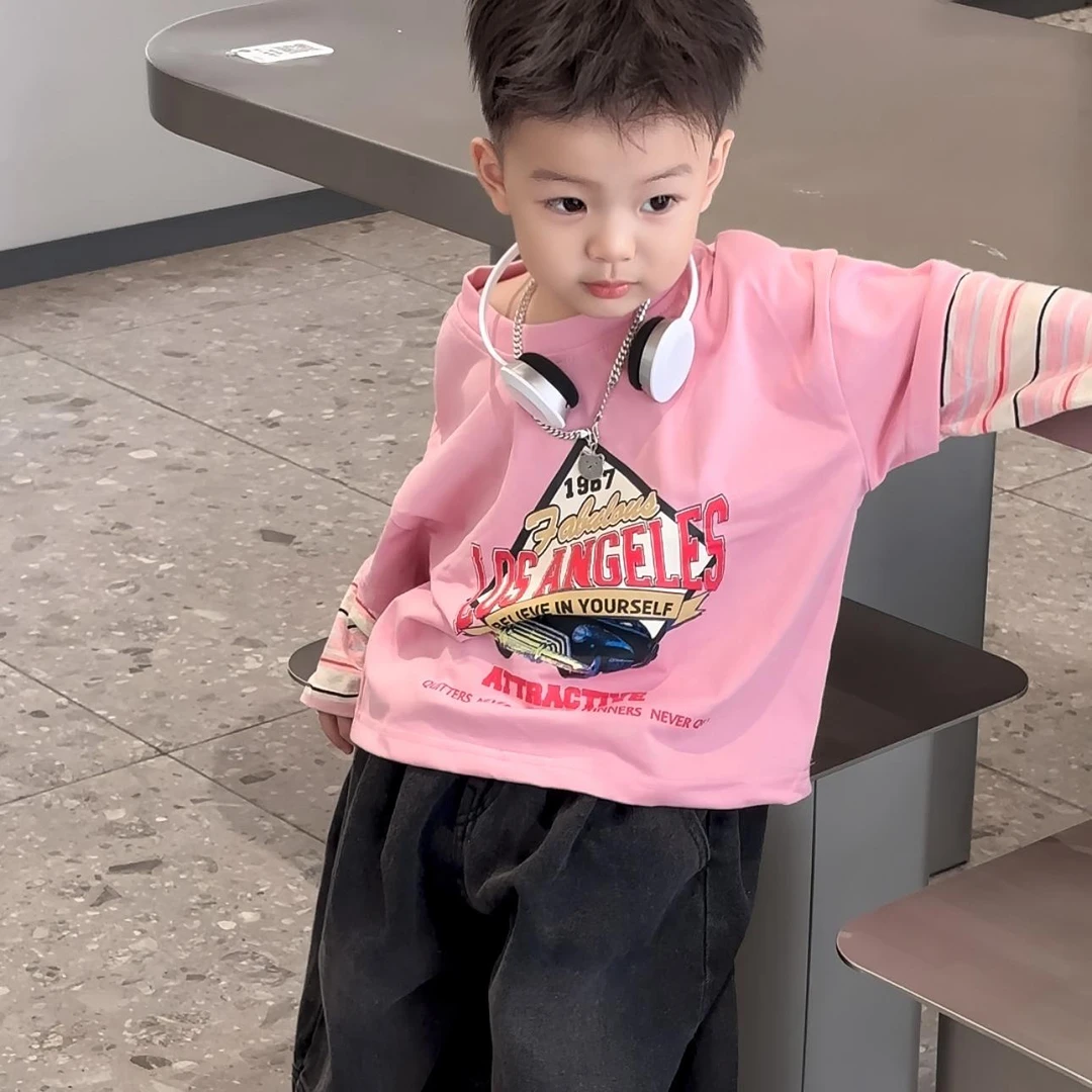 潮品男童拼接粉色卫衣打底衫2025秋款新男童韩版裤子洋气【CL002】