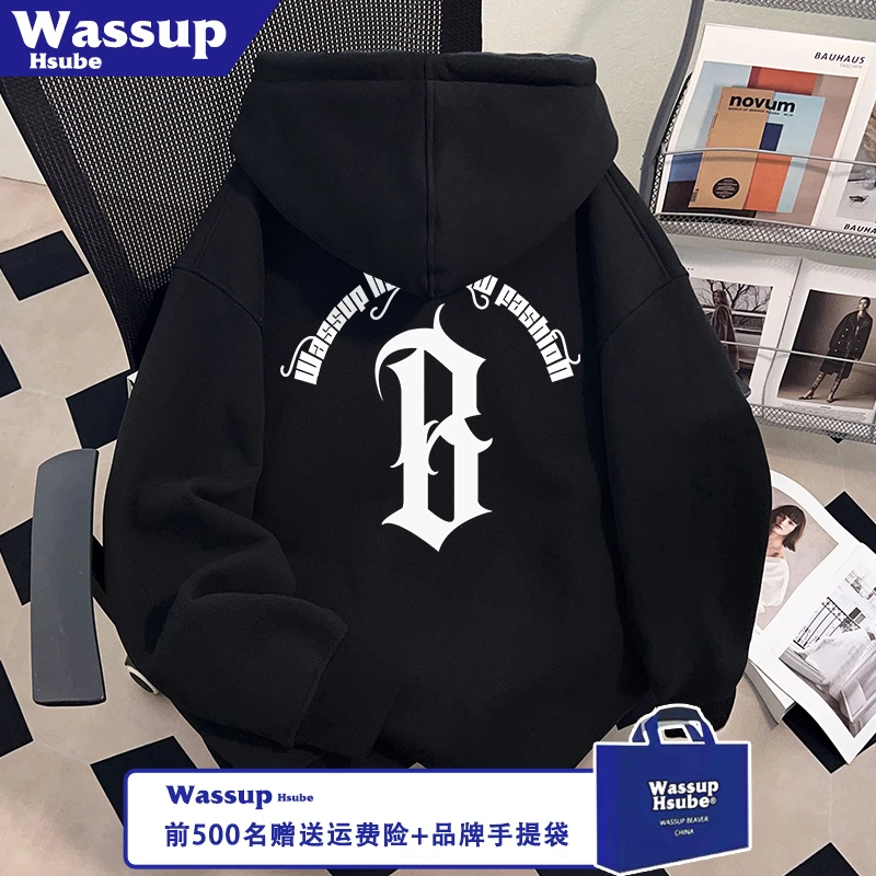 WASSUP HSUBE秋冬季黑色开衫哥特风英文印花外套男连帽全拉链卫衣