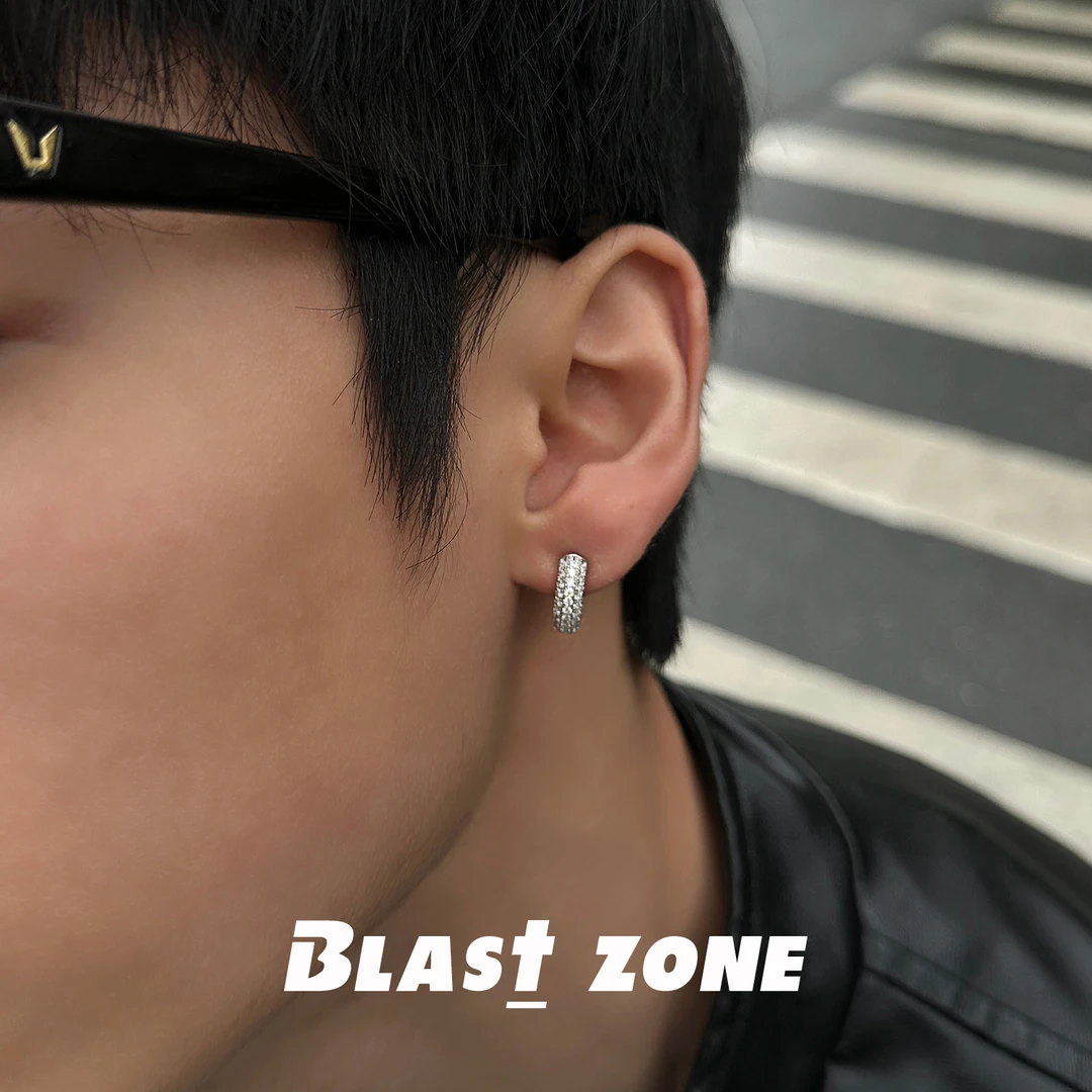 925银合成锆石耳饰 全方位满镶锆石耳圈银色素圈耳钉欧美耳饰男